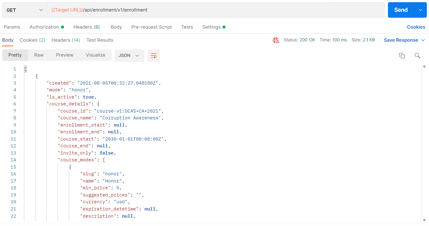 API Sample: Course Subsection List
